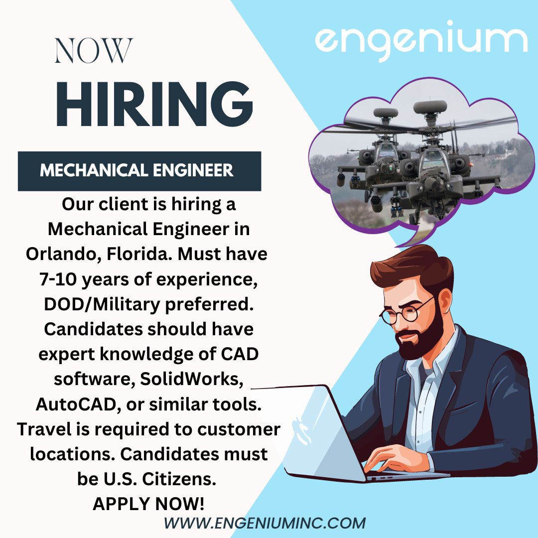 EngeniumCareers's tweet photo. This is a great new role for Mechanical Engineers! 🚁 Based out of Orlando and has some travel required. Click the link to apply! https://t.co/rVjVwAWBPR
#mechanicalengineeringjobs #mechanicalengineering #engineer #jobalerts #nowhiring #linkedin #network #engineering #jobs https://t.co/4y0hEd0tm8