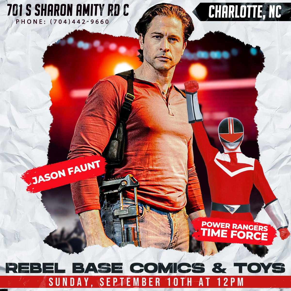 SUNDAY SEPT 10. Jason Faunt is returning to RBCT for his 2nd appearance  Just in time for the release of Legend of the White Dragon.      #JasonFaunt #RedRanger #PowerRangers #TimeForce #WesleyCollins #lotwhitedragon #lotwd #lotwdtour #ConnorFrost #Charlotte #NorthCarolina