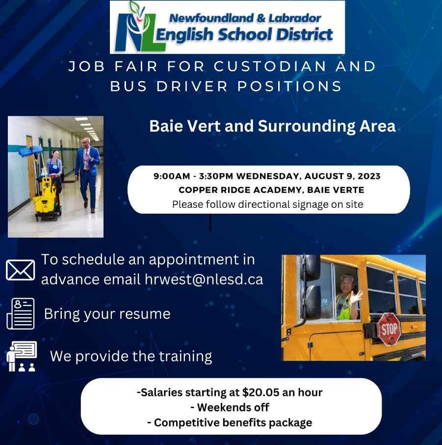 The NLESD is having a job fair in Baie Verte on Aug 9 for bus drivers and school custodians. Get a head start before the fair: Create a profile, upload your resume. and arrange a general interview ahead of time. bit.ly/47grvfo