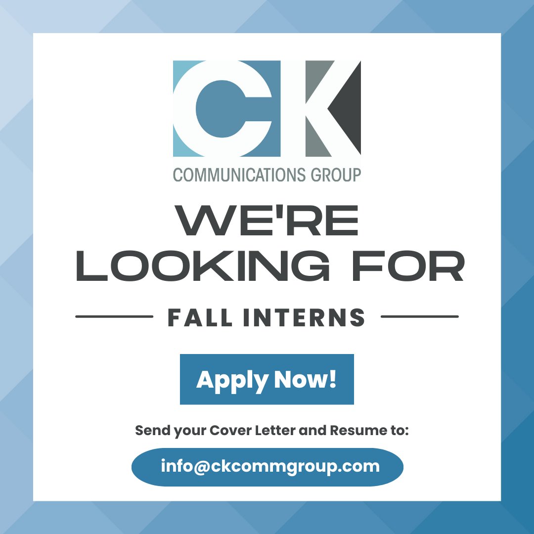 CKCommGroup's tweet image. CK Communications Group is looking for interns to join our team this fall📢

Applicants must be enrolled in a college/university program, receive academic credit for the internship, work 12-16 hours per week

For more job responsibilities &amp;amp; more info visit ckcommgroup.com/jobs