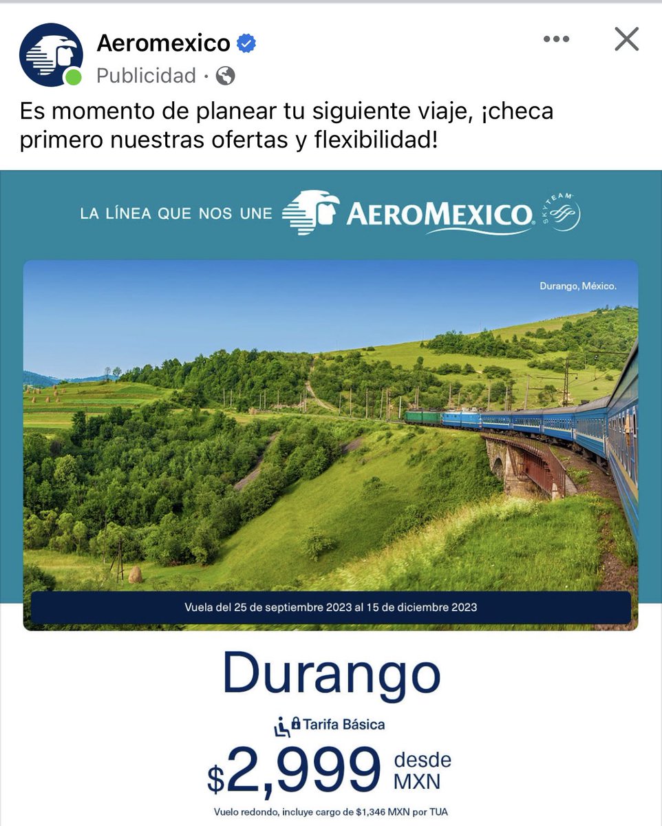 yoladiazn's tweet photo. Oye @Aeromexico Tú imagen y/o paisaje no es de Durango, porque ni tren tenemos. https://t.co/U4SmAPxVri