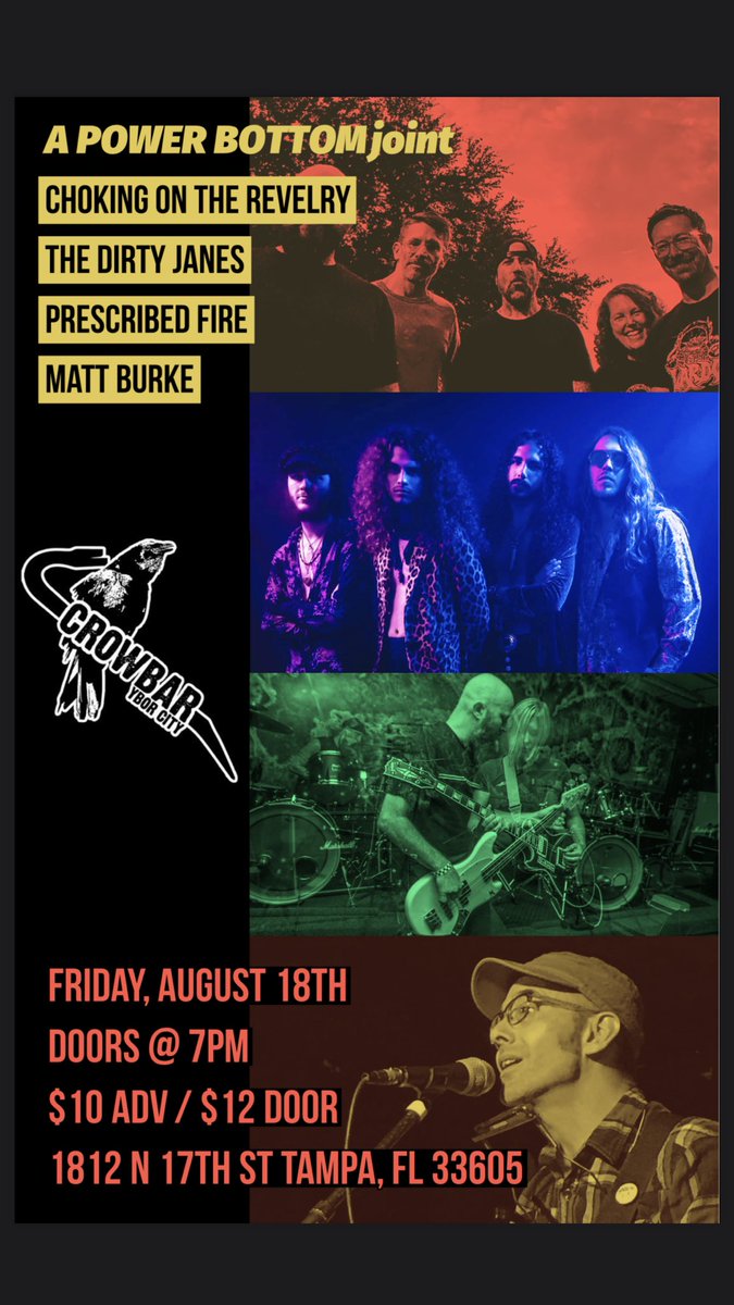 8/18 UPDATE

<a href="/prescribed_fire/">Daniel Tasler</a>  joins 
Choking on the Revelry 
@thedirtyjanes 
Matt Burke from <a href="/hgwtmusic/">Have Gun⚡Will Travel</a> 

Doors @ 7:00pm
$10 adv / $12 door
18 &amp; up

Tickets venuepilot.co/events/75608/o…