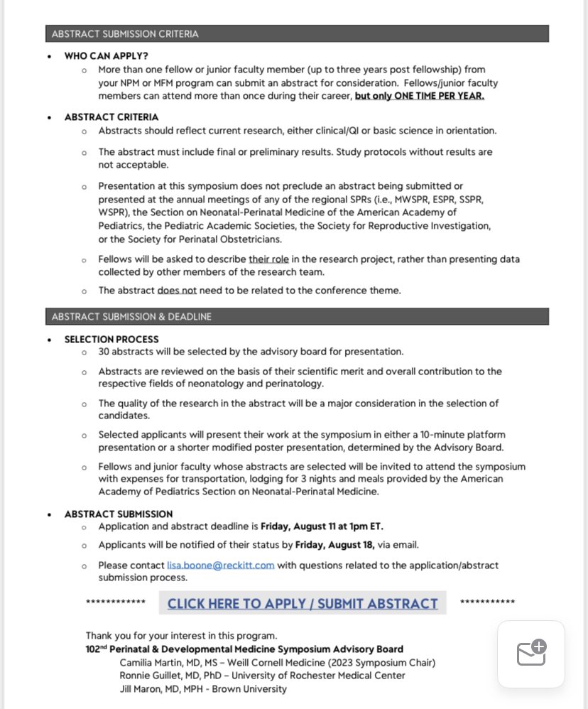 If you are a fellow or jr faculty in OH, PA, MD, NJ, CT, MA, RI, NH, and VT apply to AAP sponsored Perinatal & Developmental Medicine Symposium. These conferences are really valuable for networking, research and career development! @neo_twiter @AAPneonatal