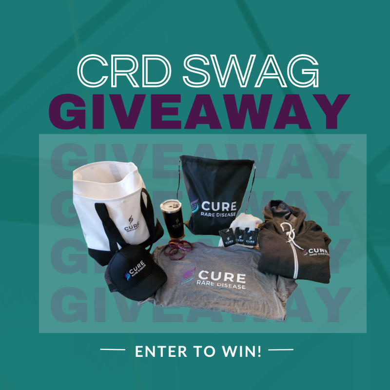 CureRareDisease's tweet photo. We're celebrating our awesome community with a MERCH GIVEAWAY! Sign up for CRD's Newsletter by clicking the link &amp; tag 3 friends in the comments! One lucky winner will receive a CRD Merch Bundle filled with exclusive goodies! Giveaway ends 8/14 at 3 PM EST #rarediseaseawareness
