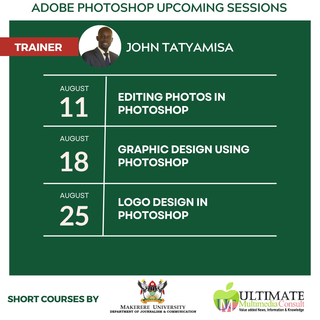 TatyamisaJohn's tweet photo. Free online Photoshop lessons. Mark the Dates 🗓️
Don't Miss! WhatsApp 0756303995
@NdejjeUnive @UCUniversity @iuiuac @TammaServices @JocomMakerere @MUJCA_official @NkumbaUni @MuteesaIRoyal @bugemacampus @LIRA_UNIVERSITY @kumiuniversity @VUKampala https://t.co/NcBXXxb0Ds