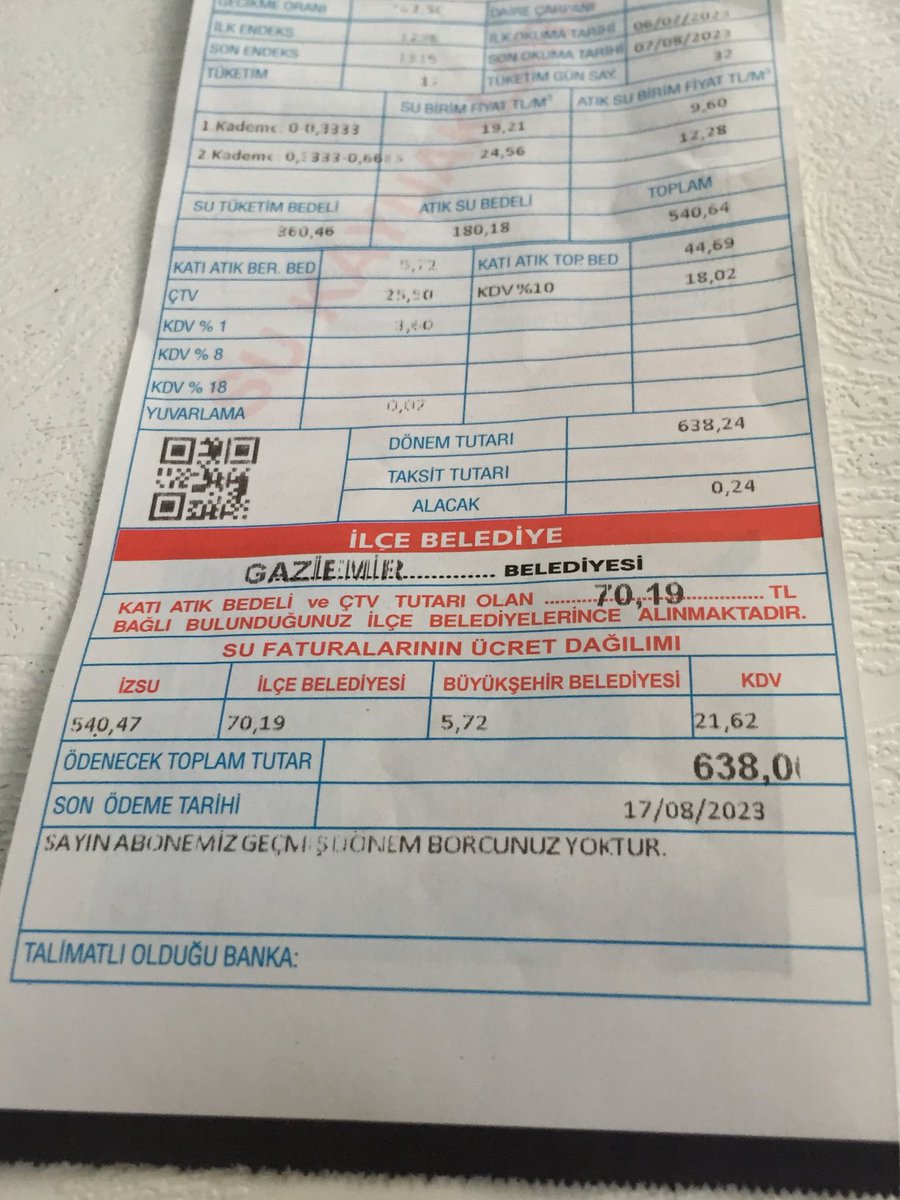 1305Ercan's tweet photo. Üç kişilik ailemize gelen su Faturası Halkçı İzmir Belediyesi iz-Su müthişsiniz ya tebrikler...#iz-su Tunç Soyer https://t.co/lbWYJzc8zD