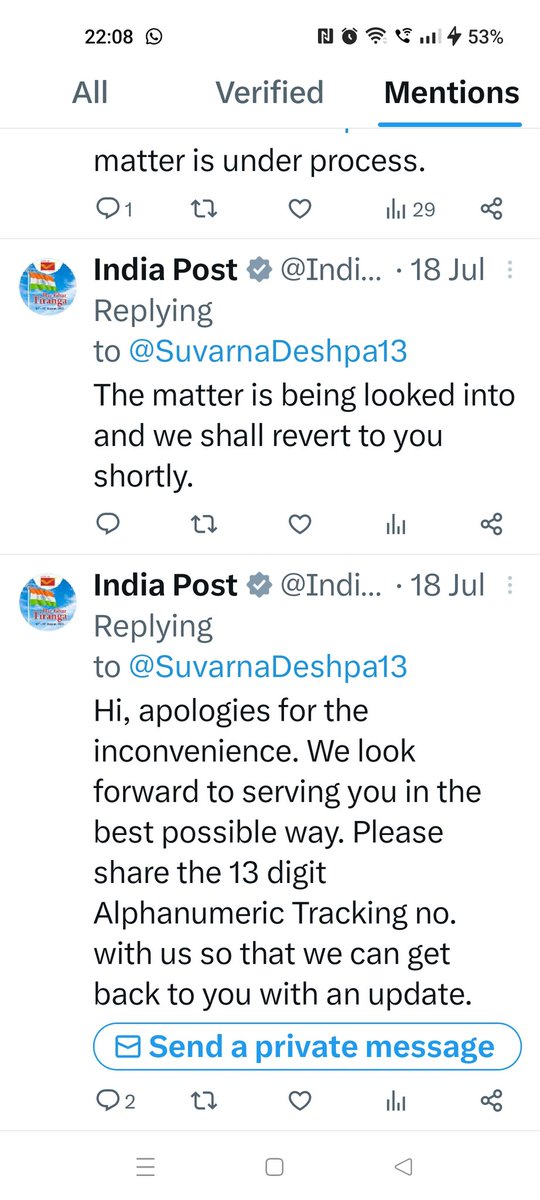 SuvarnaDeshpa10's tweet photo. @IndiaPostOffice Please resolve my issue of missing / stolen articles. Only assurances have been given. https://t.co/pNoMLgyquS