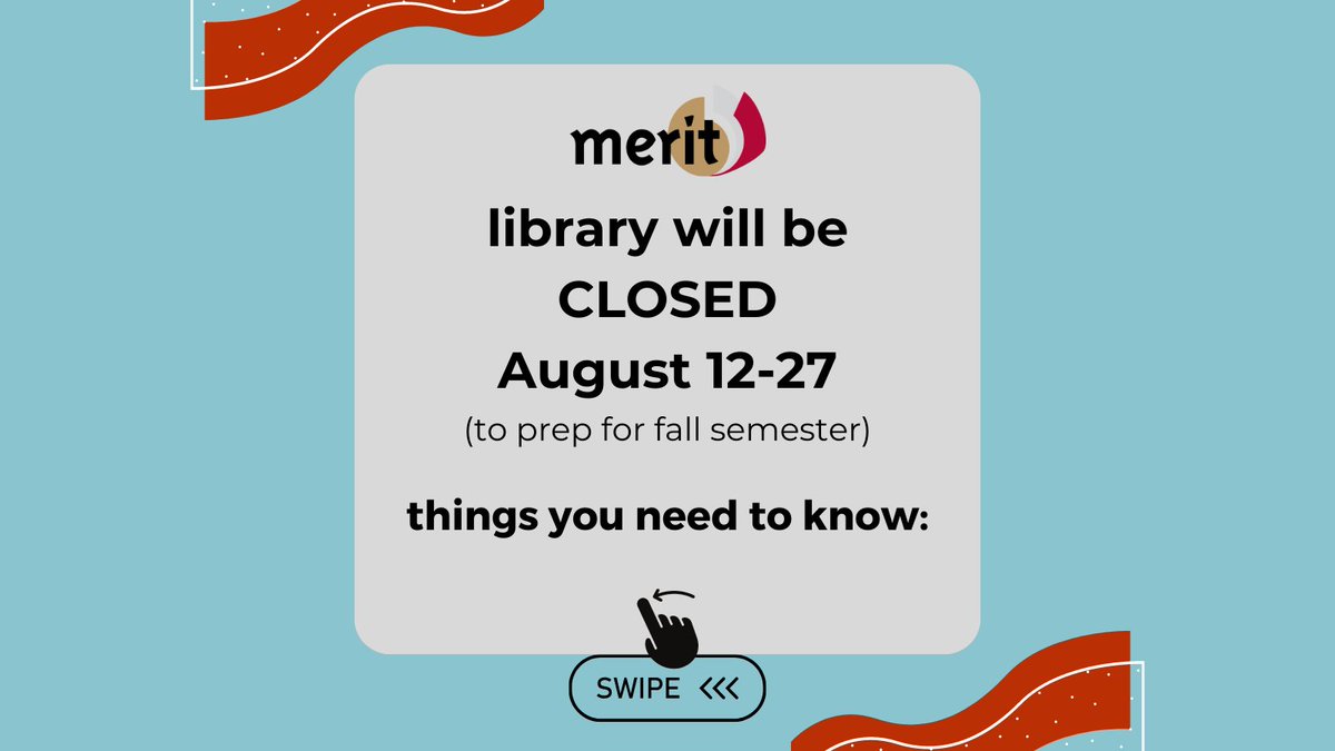 MERIT_Library's tweet image. MERIT will be closed from August 12 to 27 so our staff can prepare for the fall semester. Please call 608-263-4750 (between 8 AM and 4:30 PM) or email library@education.wisc.edu if you need assistance.  Learn more about our hours at here: merit.education.wisc.edu/hours-location/
#UWMERIT