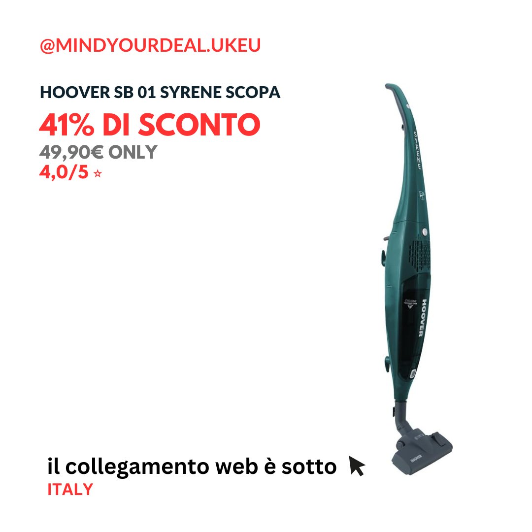 SurfingIndex's tweet photo. 49,90€ (41% di sconto) su Hoover Sb 01 Syrene Scopa Elettrica con Filo
Offerte (affiliate)- https://t.co/gZoeEwgrgY
#deal #sale #discount #offer #elettrica #filo #hoover #tech #gadget #offerte #italy #follow #700w #vaccum #vaccumcleaner #housecleaner https://t.co/S2GWJKMkoY