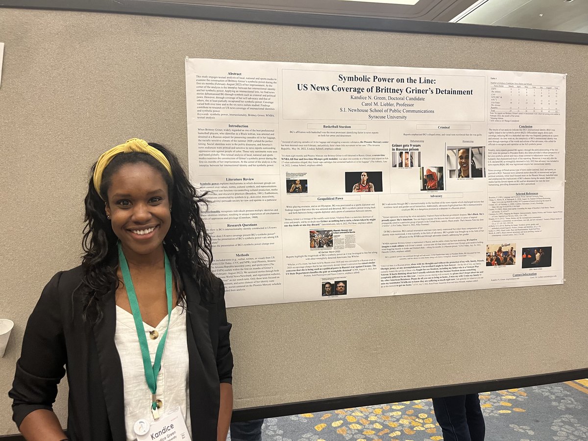 NewhouseSU's tweet photo. Kandice Green and @cmliebler present their poster on Minorities in the News and in the Newsrooms Symbolic Power on the Line: US News Coverage of Brittney Griner’s Detainment. #AEJMC23 #NewhouseImpact #NewhousePhD https://t.co/fc3rZ4pVPK