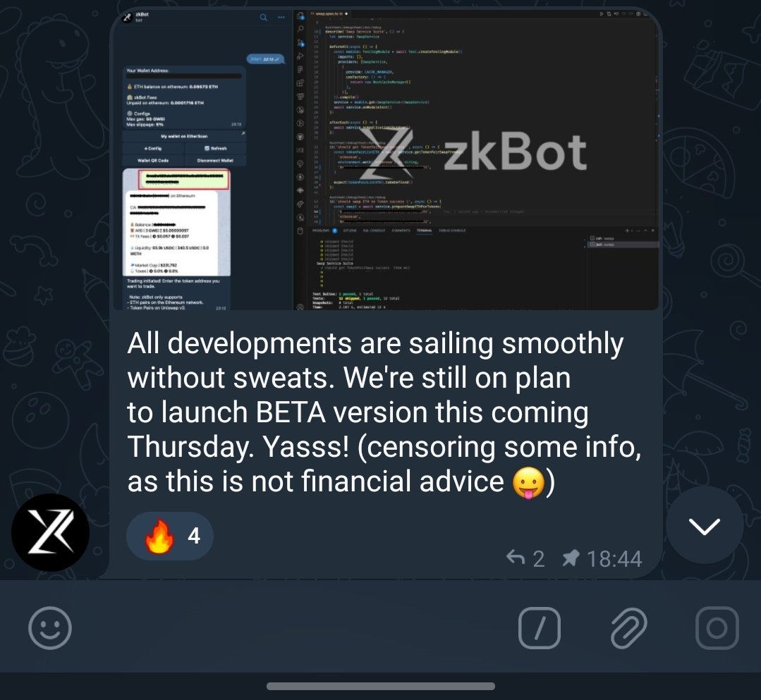 OzaruSama's tweet photo. Launchdate of the bot beta phase is still on schedule!
10th of august is a day to keep an eye on! Don't miss the opportunity anon.
$ZKBOT @zkbotofficial #botseason https://t.co/Q25dQUkylc