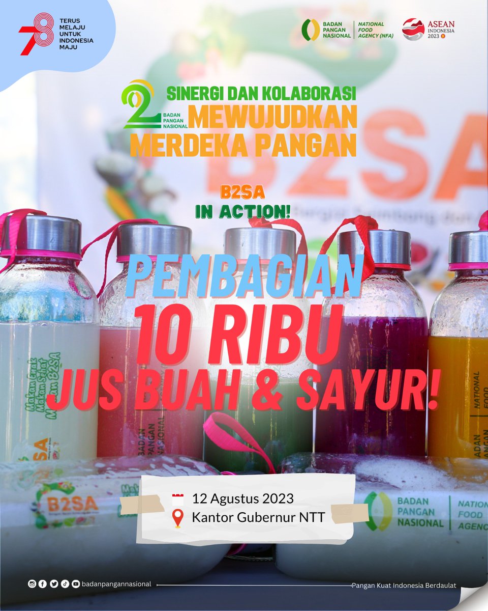 BadanPangan's tweet photo. Halo #SobatPangan
Di momentum perayaan HUT yang ke 2 NFA, B2SA In Action! akan membagikan 10 ribu jus buah dan sayur gratis ke seluruh pengunjung yang datang.
#Bapanas #NFA #JusBuah #B2SA #NTTA #Kupang https://t.co/Lg444MrIEA