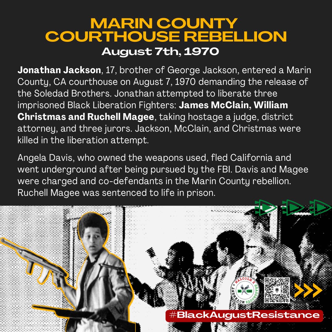 1/✊🏿🐉 This #BlackAugustResistance Flea Day, we honor & lift up the bold & courageous actions of young #JonathanJackson, 17, brother of #GeorgeJackson. Jonathan, a revolutionary in his own right, attempted to free the Soledad Brothers during the Marin County Courthouse Rebellion.