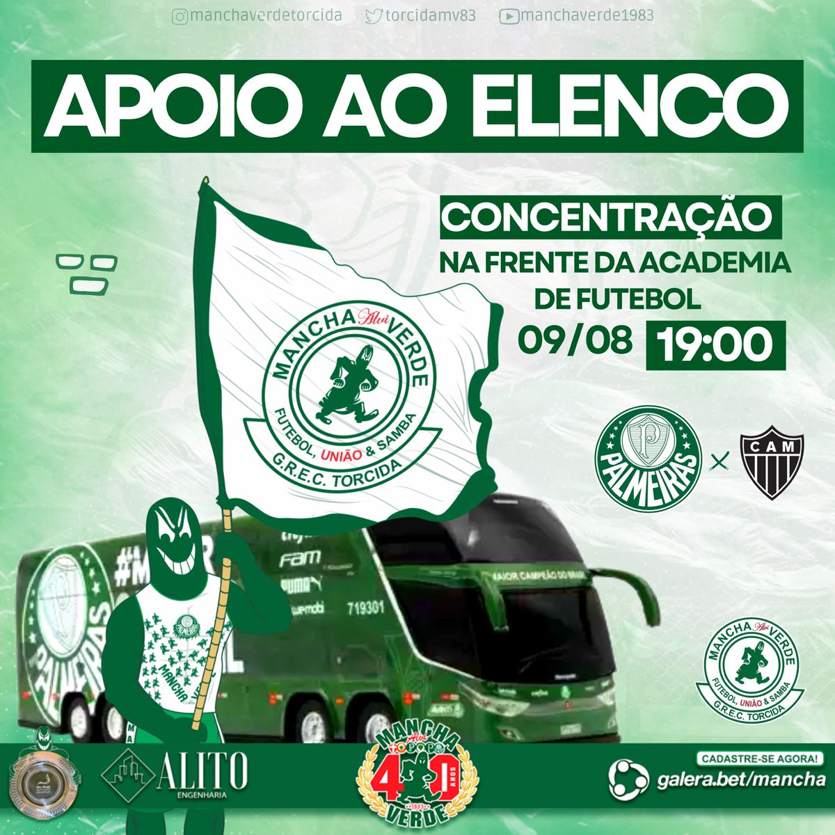 APOIO AO ELENCO!

Nesta quarta feira iremos para a porta da Academia de Futebol (CT do Palmeiras) manifestar nosso apoio ao elenco, neste jogo decisivo contra o Atlético-MG, pela Libertadores.

Concentração às 19h lá na porta do CT. Esperamos todos os palmeirenses lá.