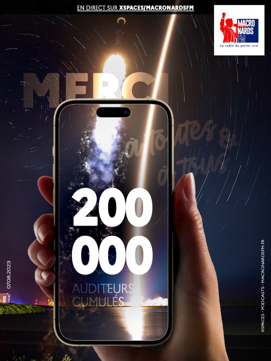 MacronardsFM's tweet image. Le cap des 200 000 passages auditeurs #MacronardsFM.
#twittos #podcasts #Streaming 
Merci à nos invités. Merci à vous.
Merci à ceux qui, chaque jour, parlent de nous pour le meilleur et aussi  pour le pire.
Avec @Lycrem2 et notre équipe de bénévoles ont vous 🫶🫶🫶🫶