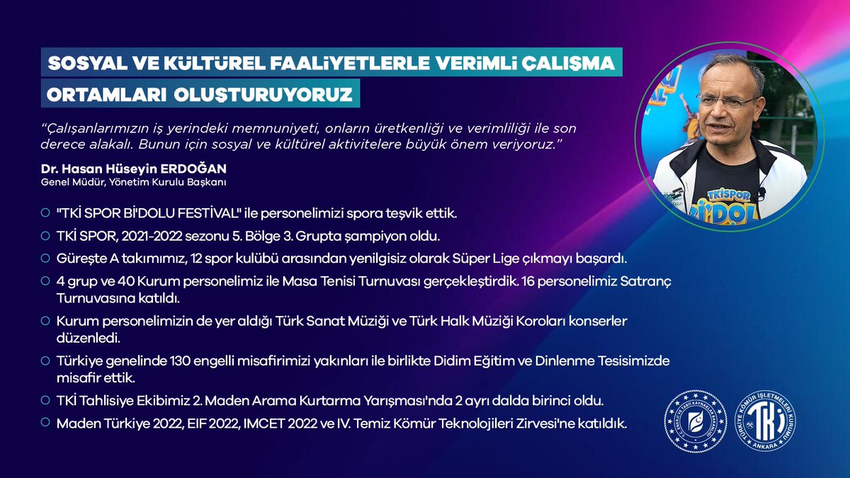 DAHA İYİSİ İÇİN ÇALIŞIYORUZ 👍🏻

🎆 Sosyal ve kültürel faaliyetler
🎯 Spor müsabakaları
🗓️ Çeşitli fuar ve etkinlikler
🥇 Yarışmalar 

ile VERİMLİ ÇALIŞMA ORTAMLARI OLUŞTURUYORUZ.

#TKİ #TürkiyeYüzyılı