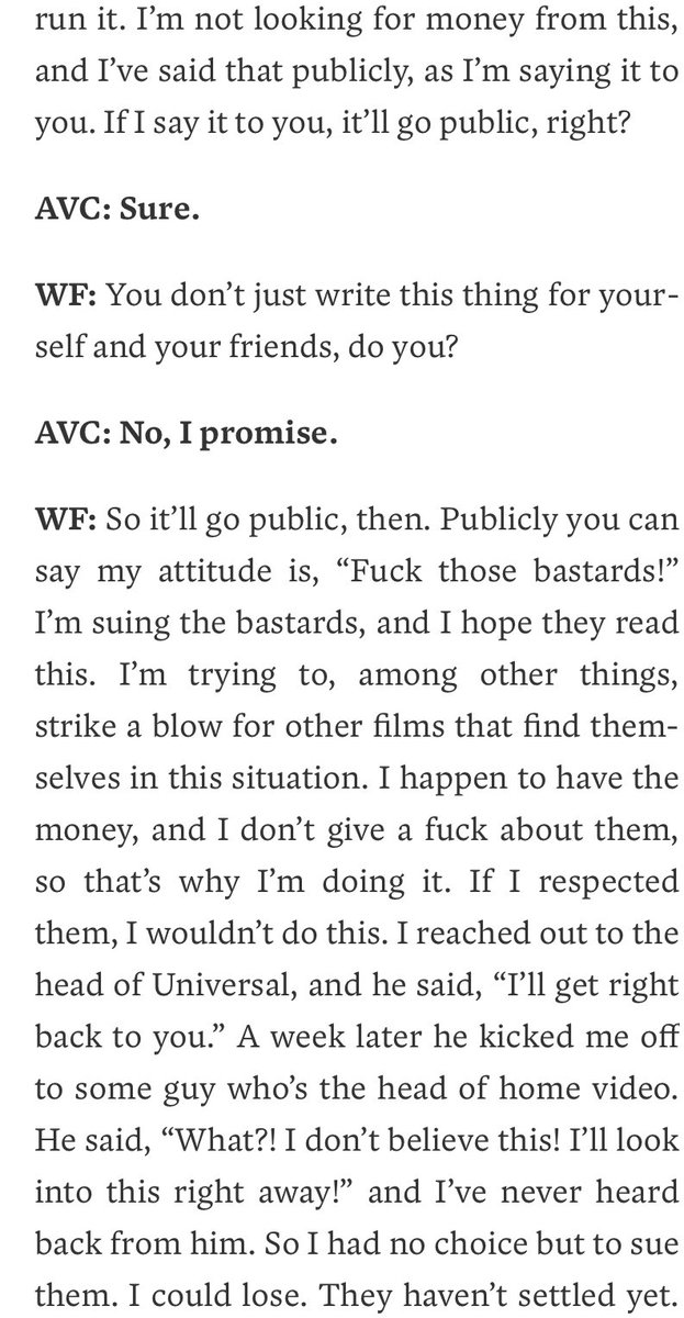 RIP to William Friedkin, one of the best to do it and an *incredible* interview — as seen here, when he makes sure people will see the story before he says a big fuck you to some of the studios over “Sorcerer” rights issues avclub.com/william-friedk…