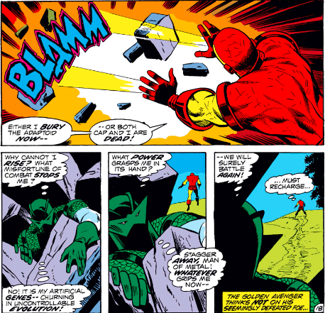 MarvelADay's tweet photo. #MarvelADay #IM49 BLAMM! Iron Man turns the tide and buries the Adaptoid under a pile of rubble. This takes pretty much everything out of Tony who stumbles away. Meanwhile, the Adaptoid seems to be undergoing a metamorphosis of sorts. We'll find out more in our next issue...- VA https://t.co/czCbmGM9qV
