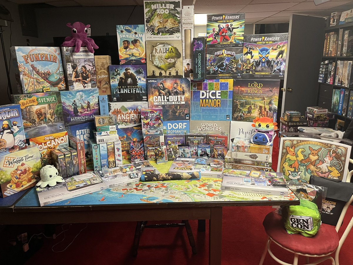 RollingWithRoc's tweet photo. Here is it. The @RollingWithRoc @Gen_Con #GenCon2023 #GenConHaul what games did you get or want to get soon! #boardgames #boardgaming 

Also tune into https://t.co/DPvi3vhkCa to see a live tabletop playthrough of Call of Duty: the Board Game from @ArcaneWonders on Tues 8/8 9PM. https://t.co/45j29XTIhs
