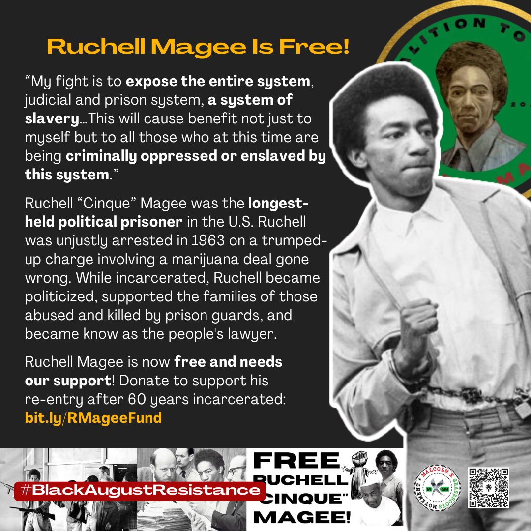 MXGMNational's tweet photo. 2/During the rebellion, Jonathan attempted to free 3 Black liberation fighters — James McClain, Ruchell Magee & William A. Christmas. #RuchellMagee, the sole survivor, was sentenced to life in prison. After 60 yrs, he is now free! Support Magee’s re-entry: https://t.co/mXR090qCVI https://t.co/b9Zu6cFIN4