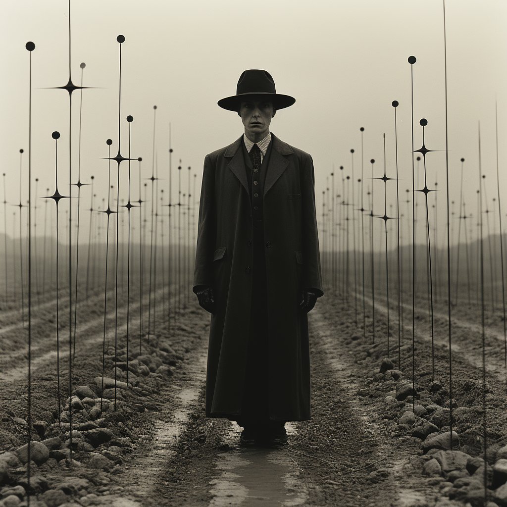 In der twilight, l’homme sans visage,
ハットとコート, shadow’s entourage.
Wandering through поля и rochers,
Spires колыхаясь, lueurs à chercher.

Silent Schritte, murmure de vent,
Тайны въ руке, shadows he sent.
Звѣзды above, l’obscurité profonde,
Im Nebel tanzt 影の envoy sans