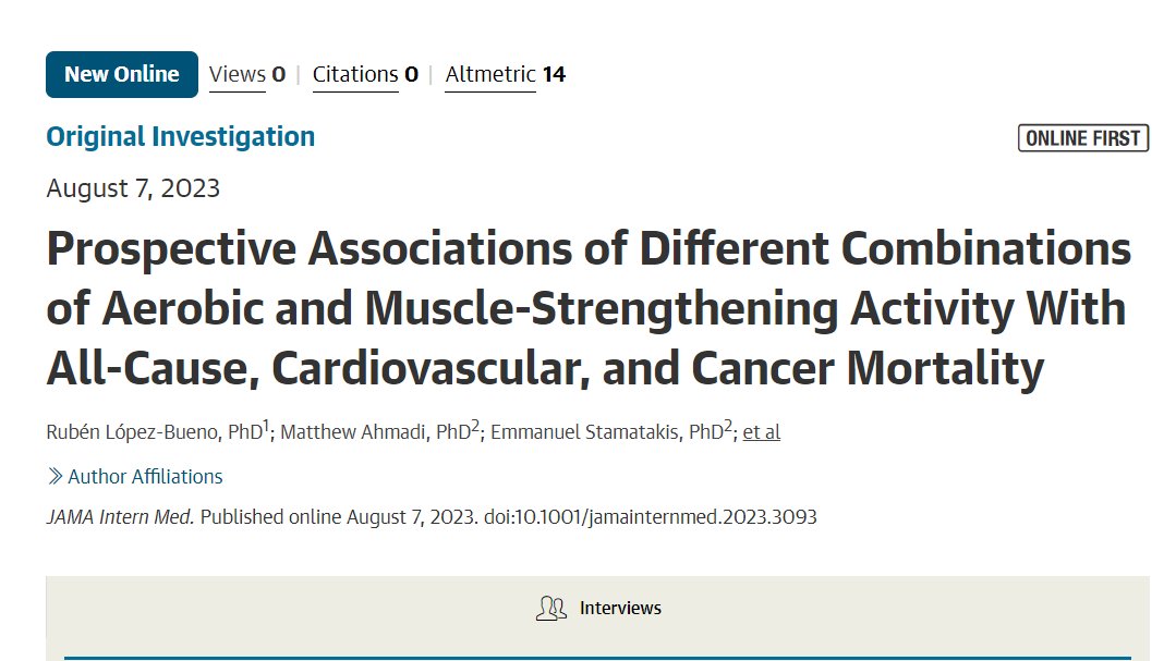 Balanced levels of moderate aerobic physical activity, vigorous aerobic physical activity, and muscle strengthening activity combined 🚶‍♀️🏃🏋️‍♀️may be associated with optimal reductions of mortality risk. New study published in @JAMAInternalMed jamanetwork.com/journals/jamai…