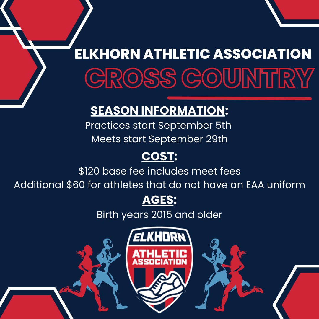 PlayEAA's tweet photo. ‼️ BRAND NEW! EAA is excited to announce a fall season of Cross Country! Practices start September 5th and meets start September 29th. For more information and to register, visit: https://t.co/yRoWekL6sc. https://t.co/ExXIeMzTnV