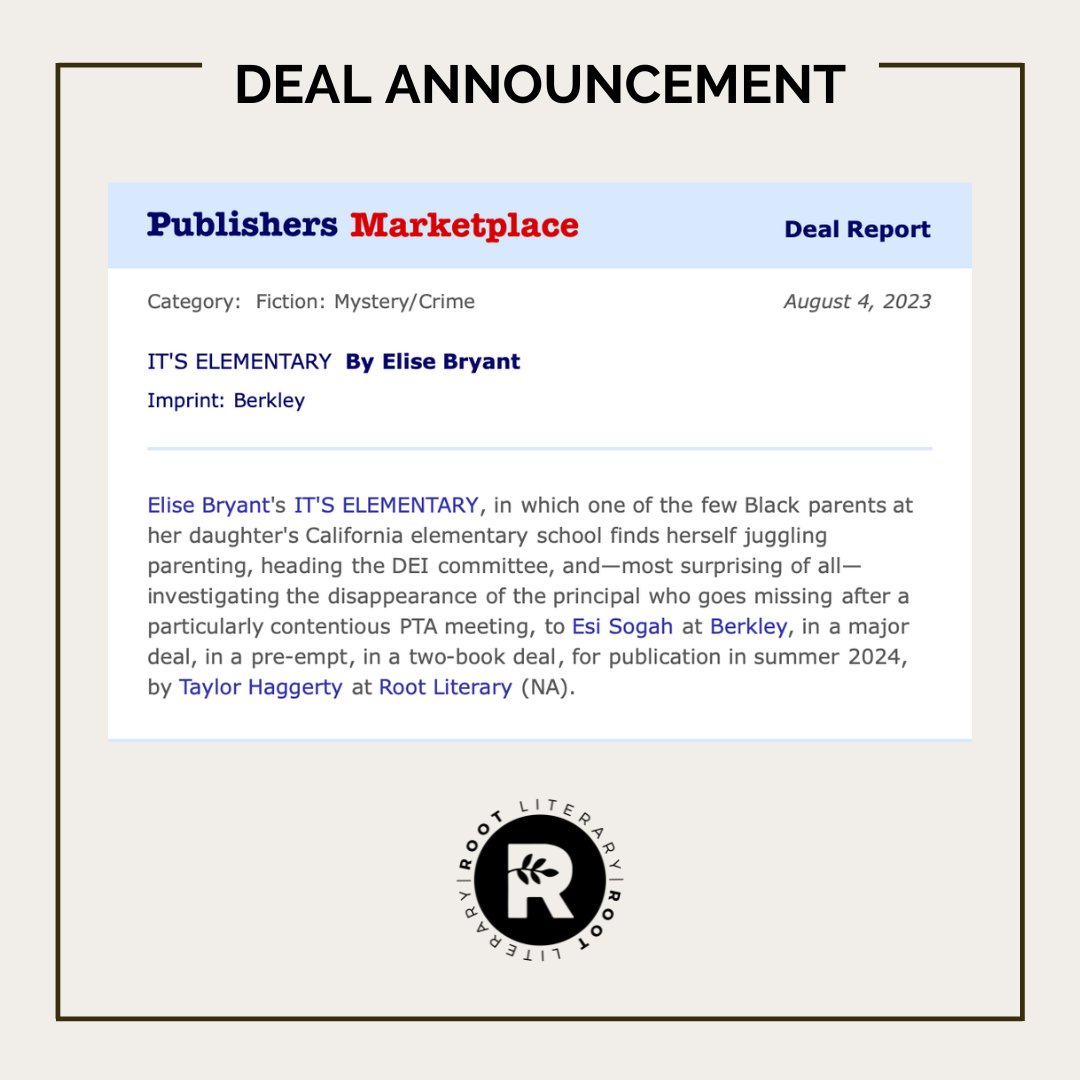 Root Literary (@rootliterary) on Twitter photo Deal announcement: IT'S ELEMENTARY by <a href="/elisembryant/">Elise Bryant (not here anymore)</a>! 😍🙌 Deal announcement: IT'S ELEMENTARY by <a href="/elisembryant/">Elise Bryant (not here anymore)</a>! 😍🙌