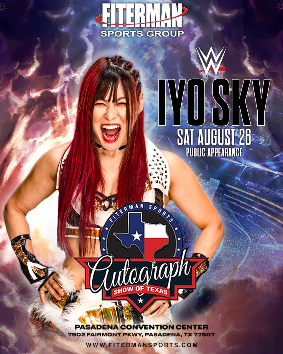 FitermanSports's tweet image. 🔥🇯🇵 NEW WWE GUEST ANNOUNCEMENT!

Please welcome the NEW #WWE Women’s Champion @Iyo_SkyWWE to the Autograph Show of Texas on August 26th! #FitermanSports #WWE #IYOSKY 🇺🇸TICKETS ON SALE NOW!

🎟️ BUY TICKETS 🎟️
wwe.fitermansports.com/events/iyo-sky…

➡️We Are Accepting Mail-ins!

@WWE