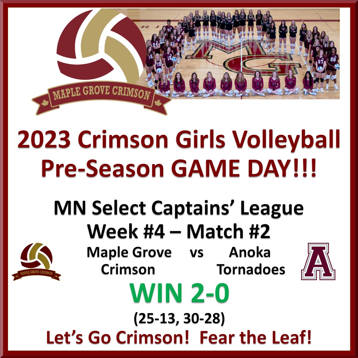 crimson_vb's tweet photo. Maple Grove Crimson Volleyball finished the final session of league play in the @MNSelect HS Captains' League 3-0 after a massive comeback 3-set win over undefeated Delano and sweeps over Anoka &amp; Concordia Wednesday night!

Prepare for playoffs!

#crimson_vb #CrimsonProud https://t.co/V7qtG3u0PV