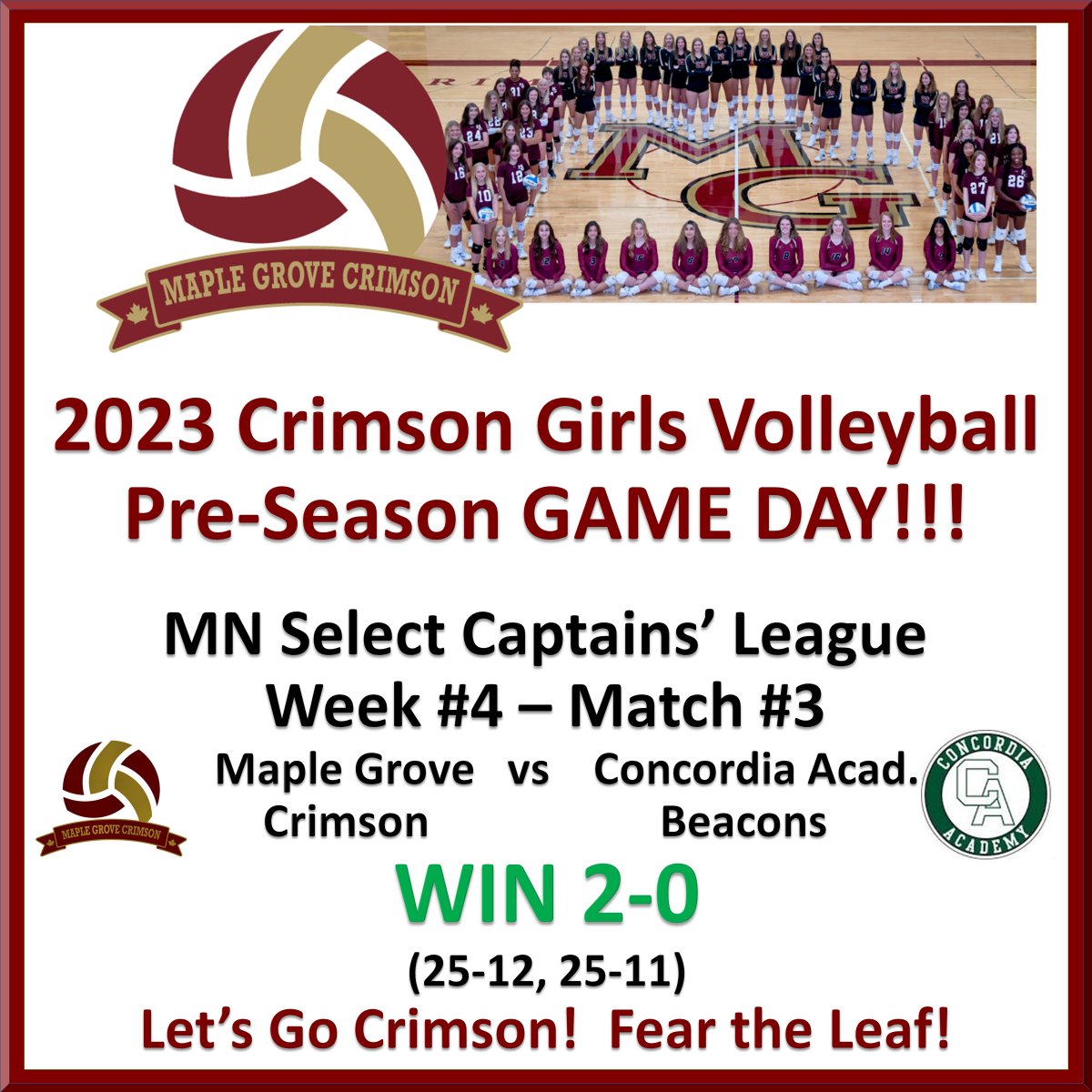 crimson_vb's tweet photo. Maple Grove Crimson Volleyball finished the final session of league play in the @MNSelect HS Captains' League 3-0 after a massive comeback 3-set win over undefeated Delano and sweeps over Anoka &amp; Concordia Wednesday night!

Prepare for playoffs!

#crimson_vb #CrimsonProud https://t.co/V7qtG3u0PV