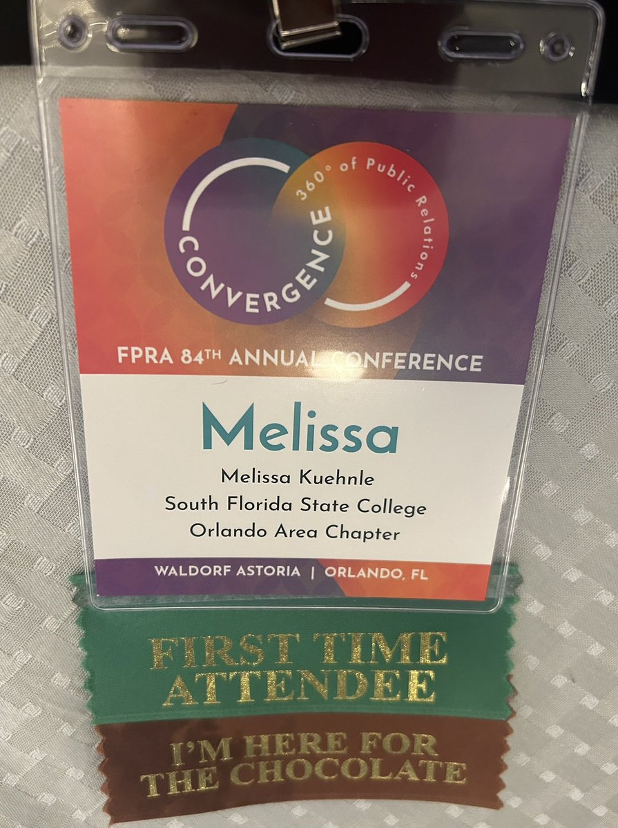 Melissa_Kue's tweet photo. Attending the #fpraconference today in @WaltDisneyWorld at the @WaldorfAstoria. My badge has two ribbons today and I awkwardly dipped one in my lunch. Whoops! #PRLife https://t.co/4eRU0VivIz