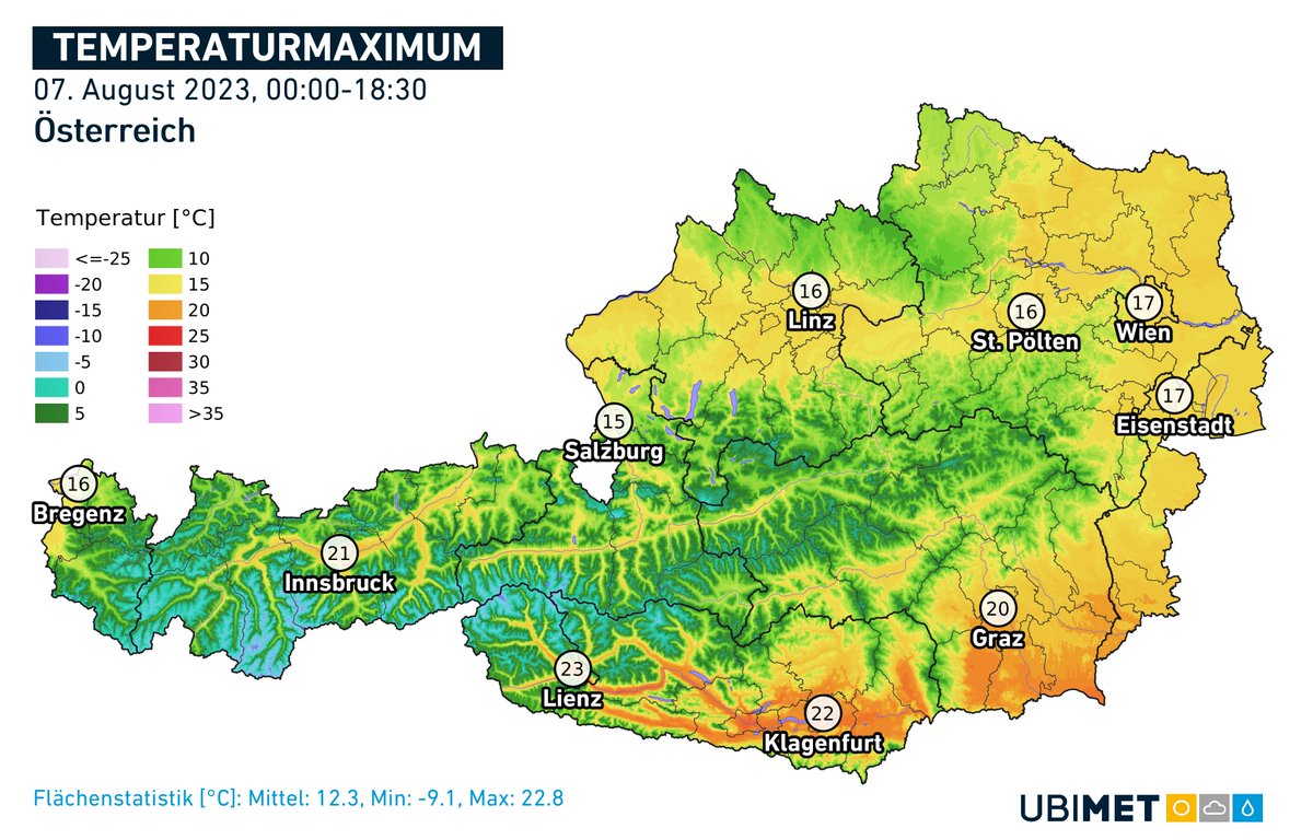 uwz_at's tweet image. Die Woche begann windig und recht kühl für die Jahreszeit. Mehr als 20 Grad gab es föhnbedingt nur im Süden (Nordföhn) sowie in Innsbruck (NW-#Föhn). Auch im Donauraum gab es oft Böen von 60-80 km/h aus WNW. Am Dienstag kündigt sich deutlich ruhigeres, etwas wärmeres #Wetter an.