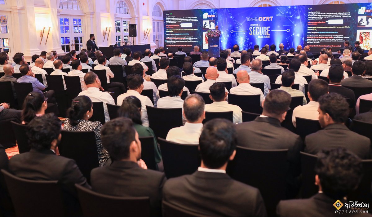 TechCERTLK's tweet photo. 🎉 Celebrating 17 years, #TechCERT showcased the threat of polymorphic ransomware at the event in Galle Face Hotel, Colombo. TechCERT team developed the ransomware sample via #GenerativeAI like #OpenAI APIs. https://t.co/Z3MxjfTGmC