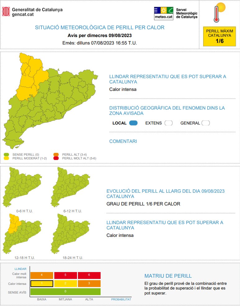 meteocat's tweet photo. ⚠ Actualitzat avís de situació meteorològica de perill (#avisosSMP) per calor ⚠

➡ Dc. 12:00 a dj. 18:00 h

➡ Grau de perill màx. 🟡 2/6

➡ H*Hora local (h) = TU +2 https://t.co/oDQ0JYtQo2