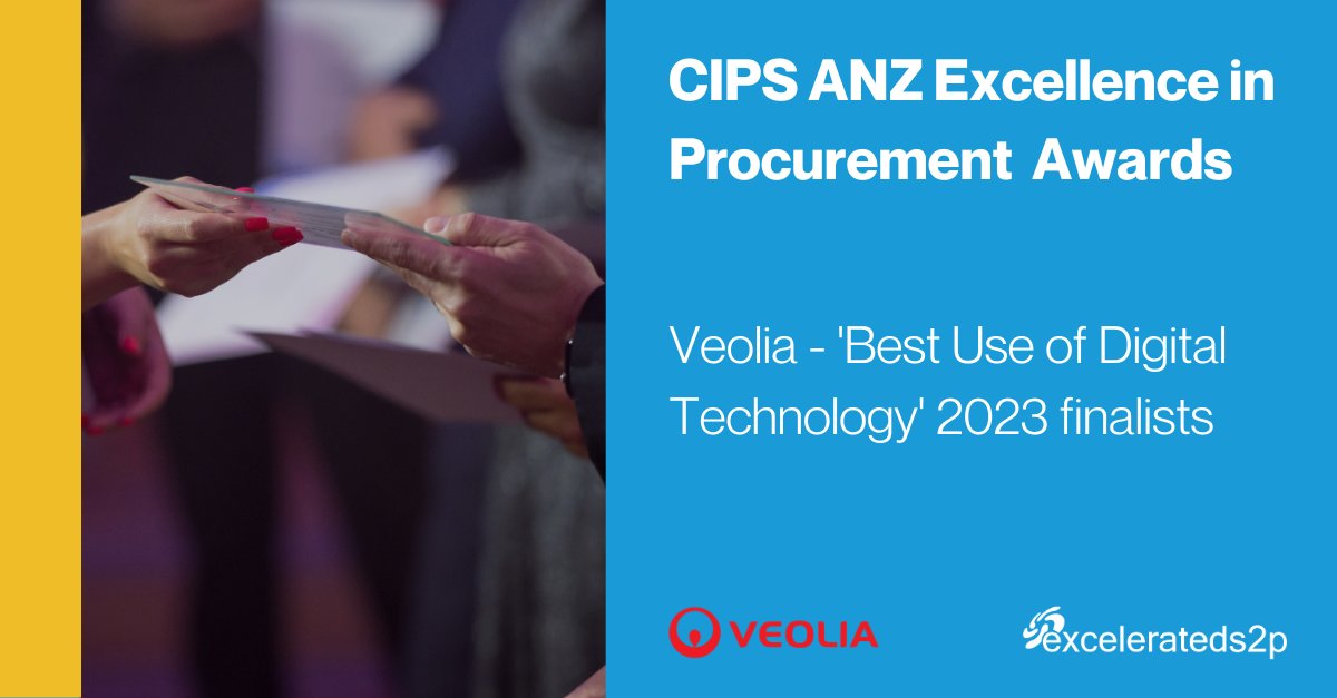 Thrilled as <a href="/Veolia/">Veolia</a>’s implementation partner that they've been shortlisted for a 2023 @CIPSANZ ANZ Excellence in Procurement Award in the ‘Best Use of Digital Technology’ category.

Best of luck at the finals in August. 

#Veolia #CIPSANZAWARDS #CIPS #Procurement #Supply