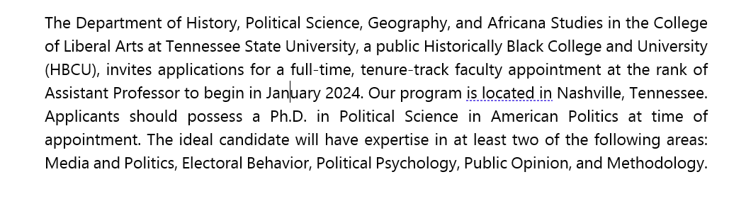 Passing on this job announcement at a sister school (I work at MTSU; the job is at Tennessee State University). Please share. @NCOBPSTweets @APSAtweets @APSA_REP