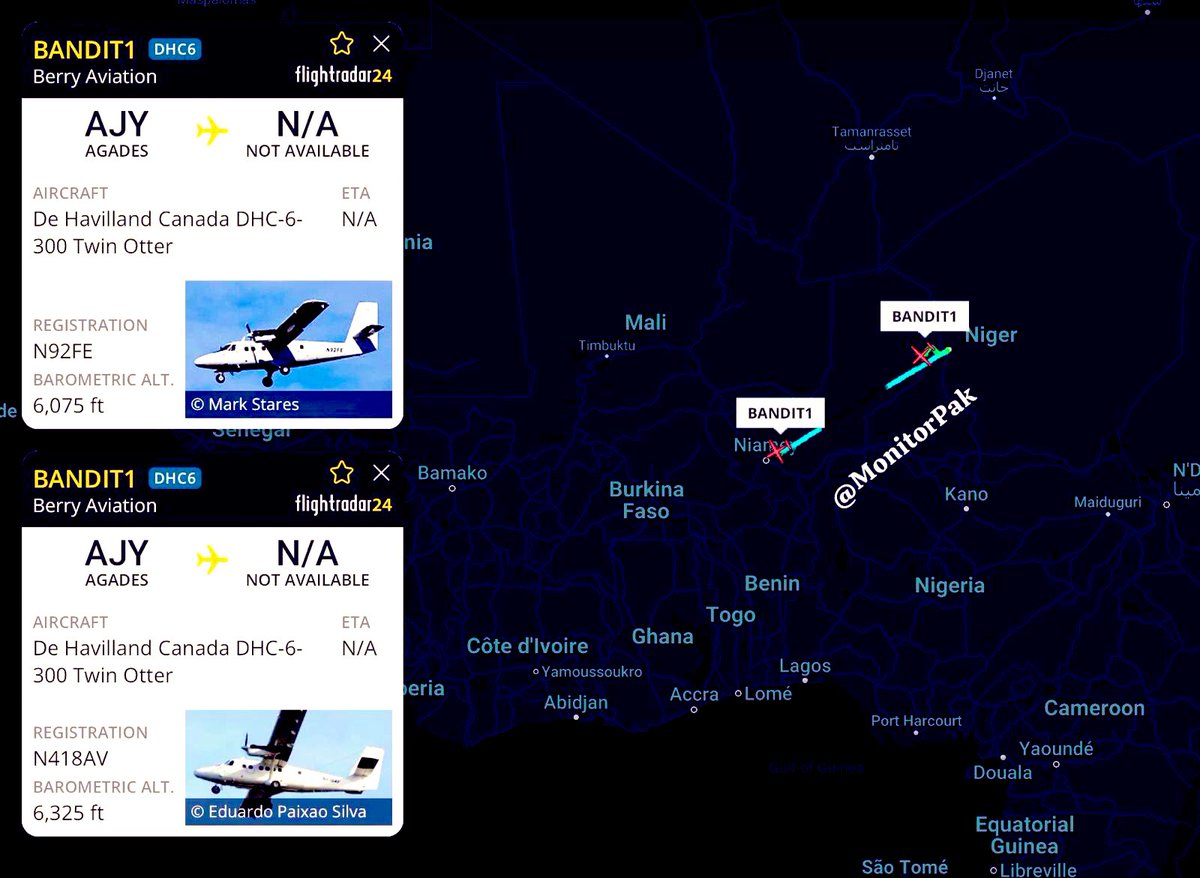 MonitorPak's tweet photo. Two DHC6 callsign #BANDIT1 outbound from #Niger. Berry Aviation an American charter airline operates for the US Government &amp; Department of Defence. https://t.co/TLAtMbcL0p