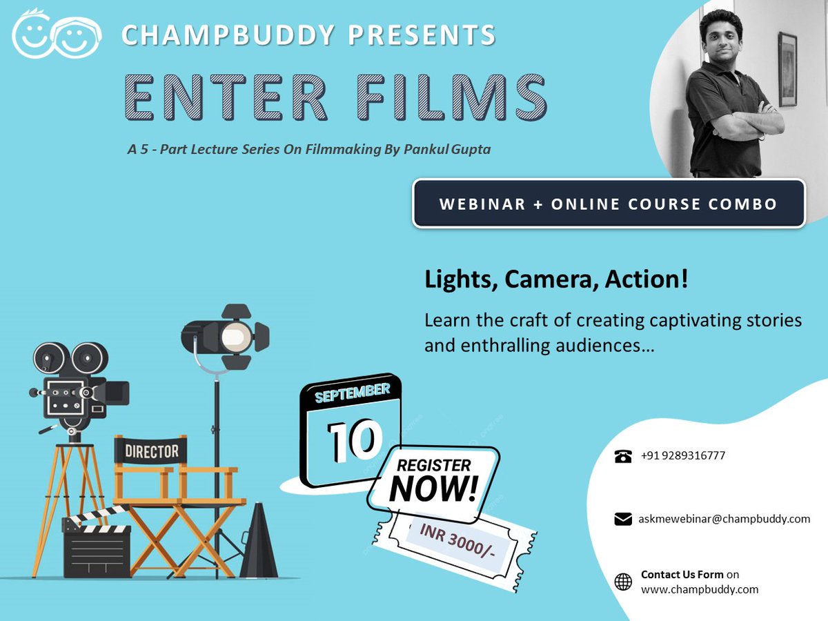 champpbuddy's tweet photo. Ready to dive into the world of filmmaking? Join us for Enter Films - an immersive lecture series brought to you by Champbuddy and Pankul Gupta. #EnterFilms #CinematicJourney

📷 Call us at 9289316777 or fill out the Contact Us form on
https://t.co/cPd3Qj3WM5

#ChampBuddy https://t.co/joa8hpb3eu