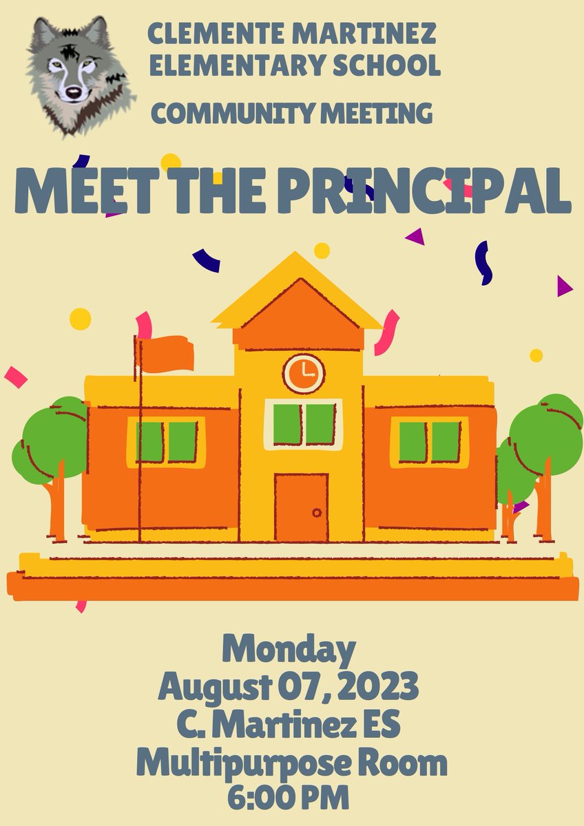 MsRice_CMES's tweet photo. @CMartinez_HISD Calling the entire Clemente Martinez Elementary School community!  Come meet the new C. Martinez ES principal! Join us this evening at 6 pm. We look forward to an amazing year! Go Megawolves! https://t.co/1hVcN6XbSe