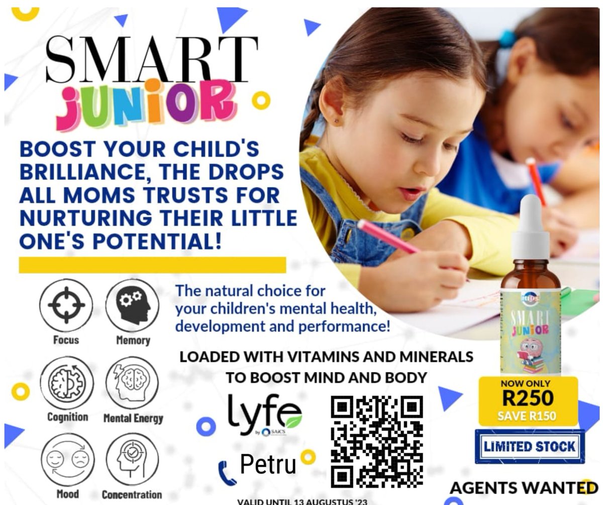 petrujens's tweet photo. SMART - loaded with vitamins, minerals to boost mind and body, making it the Natural choice for children's mental health, development and performance!
Now at only R250
Valid until 13 August '23
Contact Petru Petru@saics.co.za 
#Saics #SaicsTY #SmartDrops #MentalPerformance #Focus https://t.co/Sh0AMObCYS