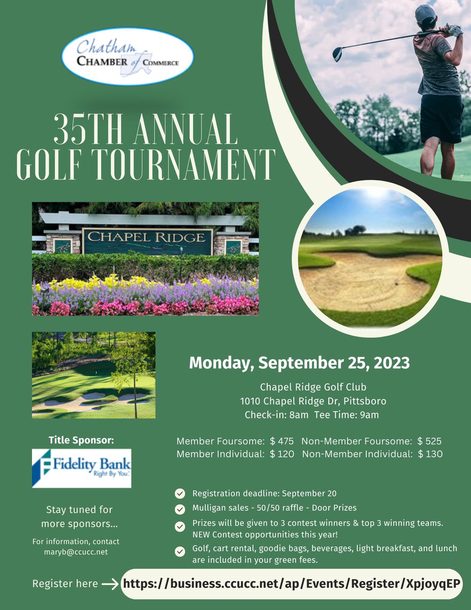 Chatham_Chamber's tweet photo. We are excited four our upcoming golf tournament next month!  Come join us for a great day of golfing at Chapel Ridge! Thank you Fidelity Bank for being our Title Sponsor!  Register now here: https://t.co/6Lhu8Sndbg There's always time for golf! https://t.co/IdwraxHezB