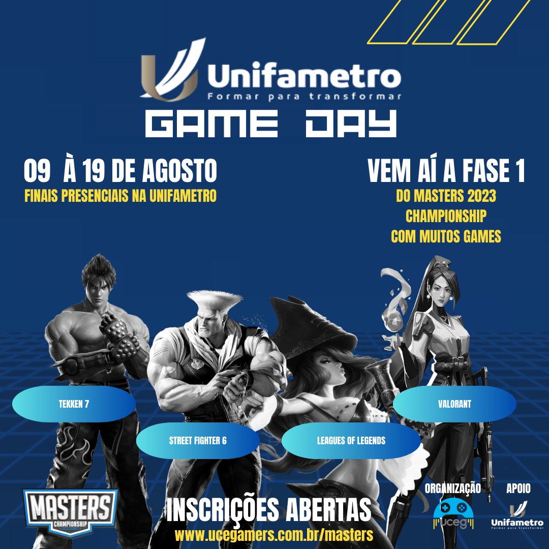 ucegamers's tweet photo. "INSCRIÇÕES ABERTAS*

https://t.co/0aancbd9Xr

No site:
https://t.co/mw9cAeZyTh 

#Campeonato #LeaguesOfLegends #StreetFighter6 #Valorant #Tekken7 #Games
#GameDayUniFametro https://t.co/jLbSD0Qc56