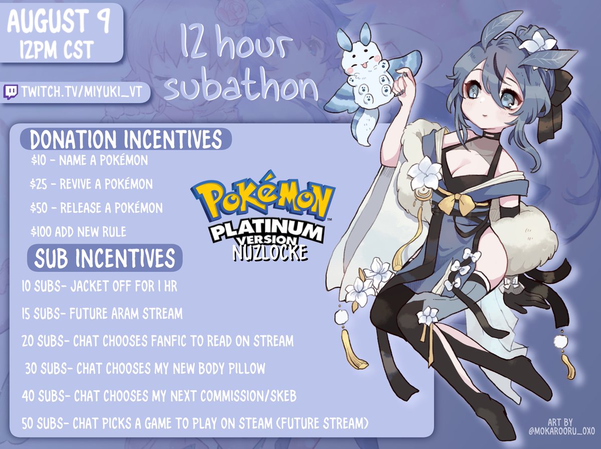Miyuki_VT's tweet photo. ✨12 hour nuzlocke subathon✨

I’m going to be holding my first subathon this Wednesday starting at noon CST! I’ll be doing a randomized Pokémon Platinum nuzlocke run with lots of different incentives and sub goals. Come hang out and watch the chaos! https://t.co/3W6E1KyrAO