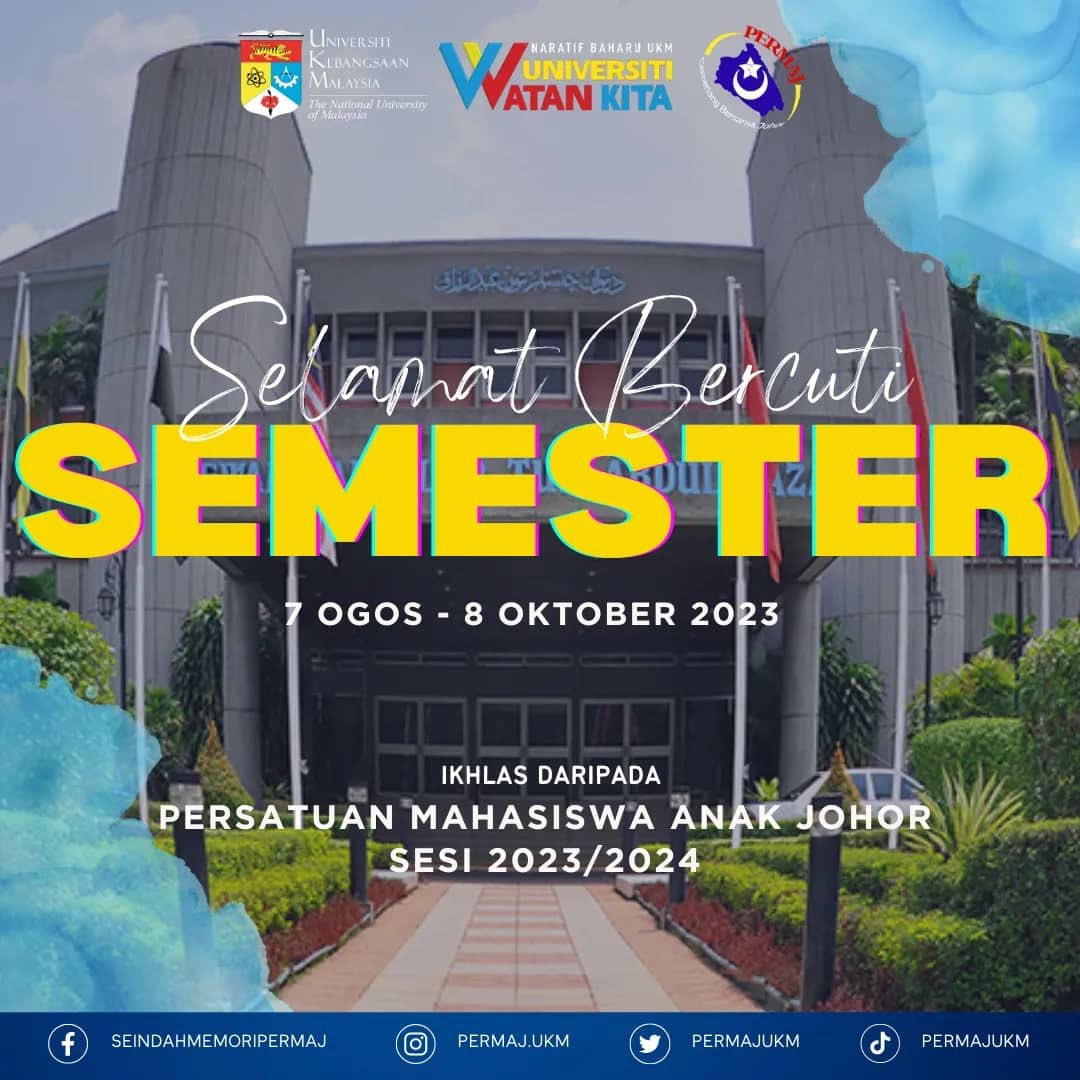 PermajUKM's tweet photo. 💙 [ SELAMAT MENJALANI CUTI SEMESTER ]❤️

ikan kelah dilubuk sana,
suka berenang di air bersih,
cuti semester lebuh bermakna,
melawat orang yang kita kasih.

Kami dari Persatuan Mahasiswa Anak Johor (PERMAJ) mengucapkan selamat menjalani cuti semester kepada semua https://t.co/VAWDNc0ZCe