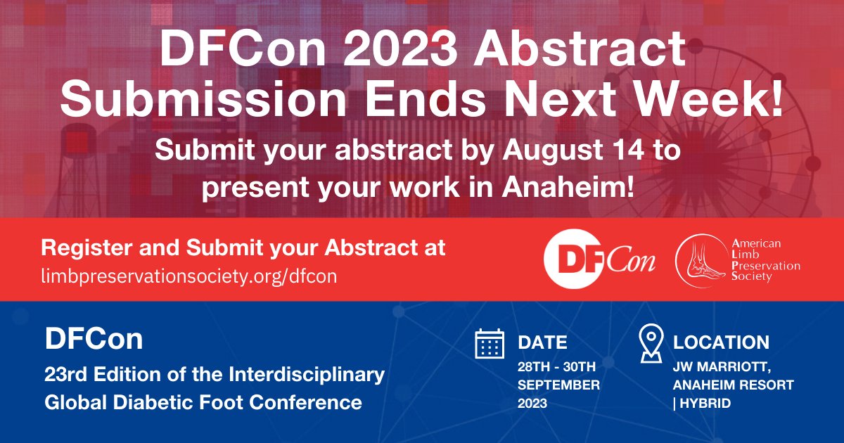 ALPSlimb's tweet photo. 📢 There's only 1 week left to submit your abstract for #DFCon23! The new submission Deadline is August 14! Get more info and submit your abstract here: https://t.co/4at2aQrzuh
#actagainstamputation #limbpreservation #toeflowandgo #savelimbs #savelimbssavelives https://t.co/xx7Ek8nPJQ