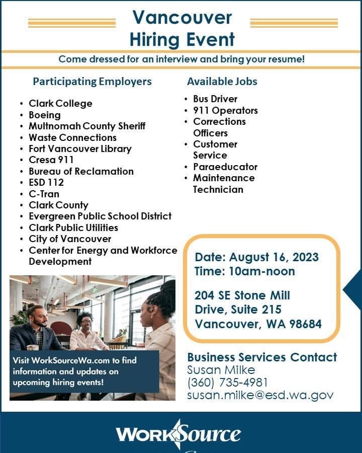 WorkforceSWWA's tweet image. Save the date! 📅 
WorkSource Vancouver is hosting a public sector focused hiring event on August 16 from 10 a.m. to 12 p.m.
Employers include @ClarkCollege, @Boeing, @MultCoSO, @WasteConnection, @fvrl, @ESD112, @ctranvancouver, @ClarkCoWA, @evergreenps, @VancouverUS and more!