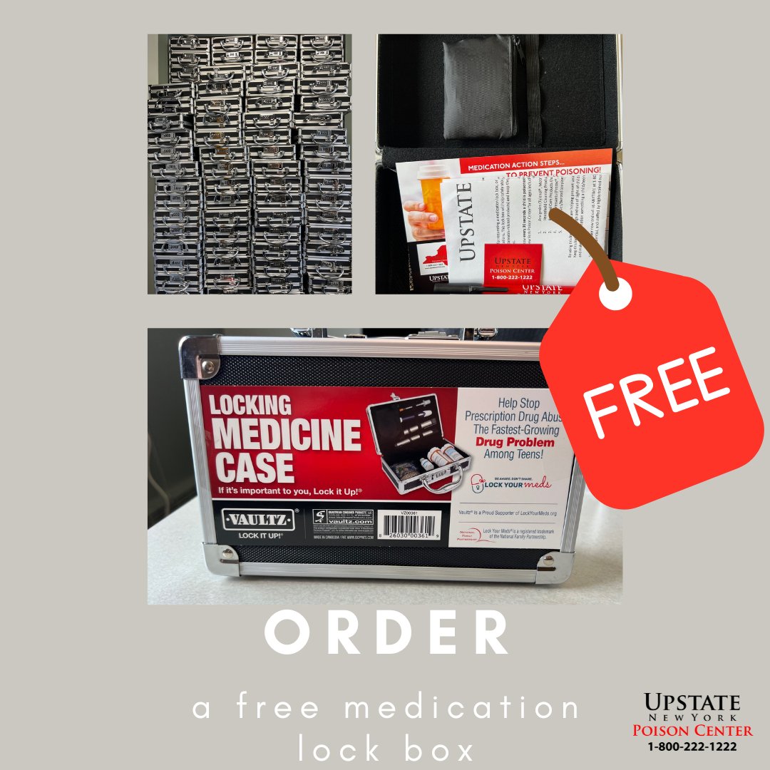UpstatePoison's tweet photo. 🆓 FREE medication lock boxes are now available from our center!

🚀 Keep your loved ones safe by securing medications and preventing unintentional poisonings.

🏠 Order for FREE at: https://t.co/FB7u8p5990

#UpstateNY #MedicationSafety #PreventPoison #poisonhelp https://t.co/tWIW6INly7