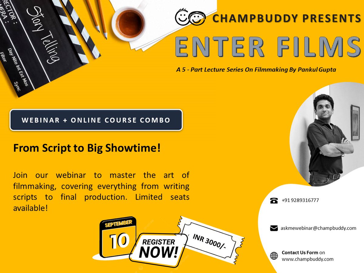 champpbuddy's tweet photo. Unlock Your Filmmaking Journey: Reserve Your Spot for Enter Films - Your Pathway to Cinematic Brilliance! 

📞 Call us at 9289316777 or fill out the Contact Us form on
https://t.co/cPd3Qj3WM5

#FilmmakingJourney #WebinarSeries #FilmCourse #ChampBuddy https://t.co/OBFCWn7OsF