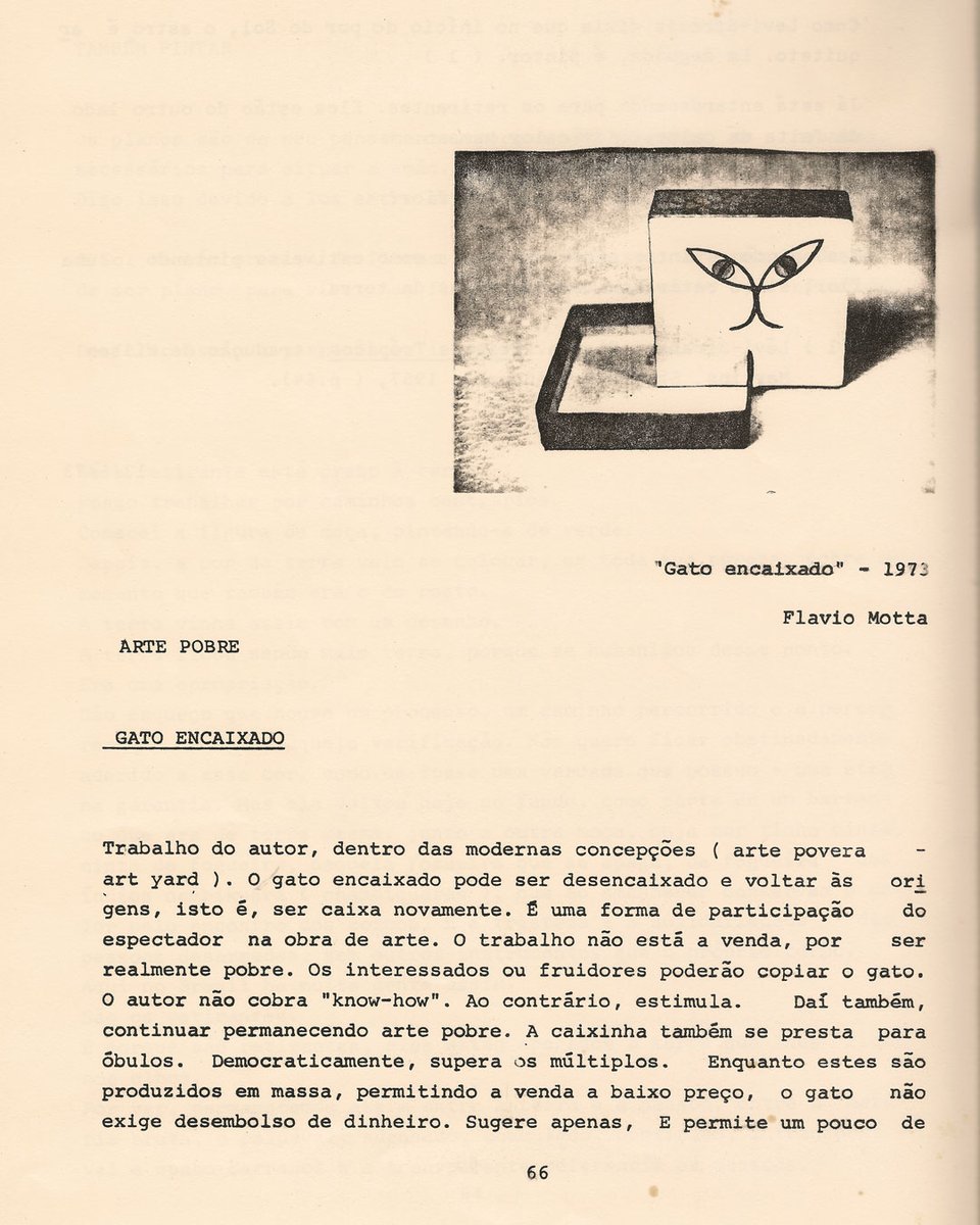 Under the heading of “Arte pobre,” Flávio Motta presents a small object he created: “Gato encaixado” (1973), a sculpted feline figure is mounted on a little box engraved with a humorous text.
•
Record ID 📌 1111369 bit.ly/3ps9LwQ